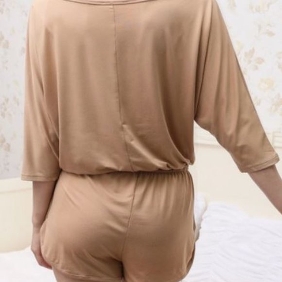 🖤NEW! Khaki PLUS SIZE OFF ONE SHOULDER DRAWSTRING ROMPER SHORTS - Picture 5 of 5